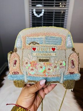 T.J.Maxx Beaded "Just Married" Cream Pink Blue Clutch